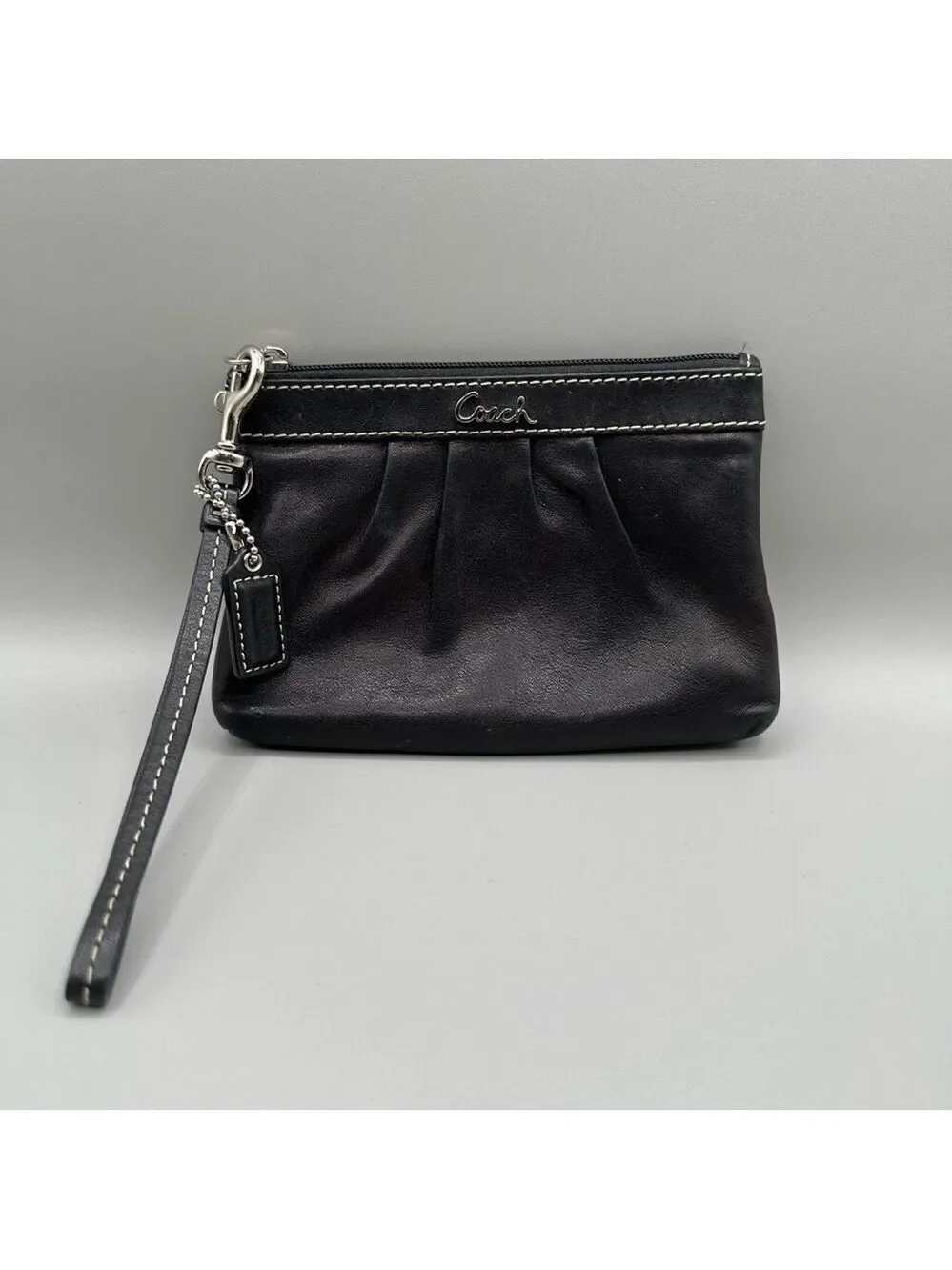 Coach Black Soft Leather Pleated Wristlet Pouch Coin Purse